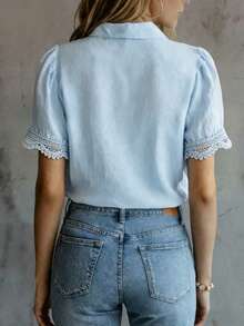 Elegant Women's Solid Color Embroidered Lace Patchwork Blouse, Versatile For Home, Daily Wear, All Seasons Summer - Baby Blue - View 2