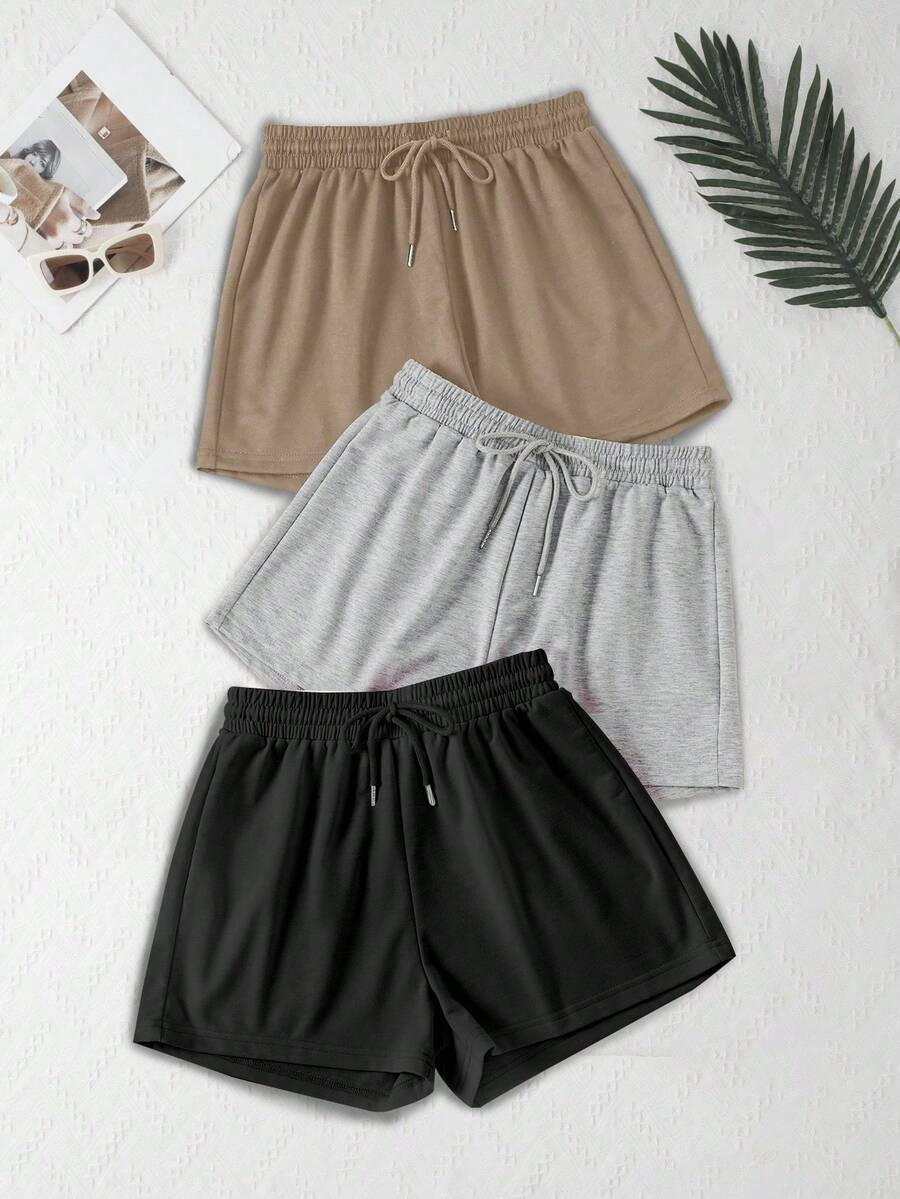 3 piezas Pantalones cortos deportivos de cintura elástica de unicolor con ajuste holgado - Gris Claro - Ver 1
