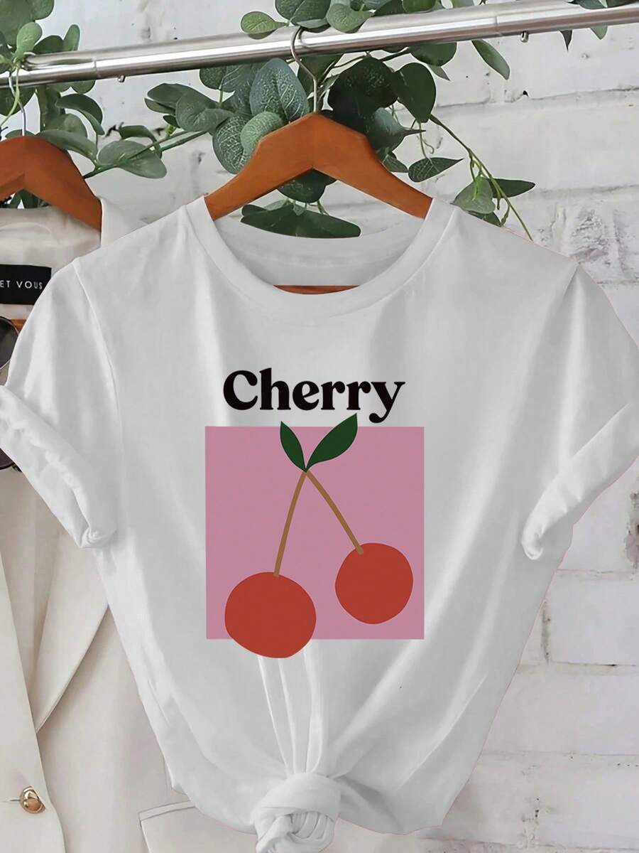 Cherry Print Short-Sleeved T-Shirt, Women's Casual Wear, Ideal For Vacation, Short-Sleeved Round Neck, Spring/Summer, Machine Washable, New Women's Clothing, Versatile For Going Out, Sporty Style. - 白色 - 查看 1
