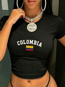 FNI Fusion Colombia Print Round Neck Top Womens ClothingWomen's Plus Size Cropped Short Sleeve Tops,Spring Outfits, Spring Break Casual Daily Wear. - 黑色 - 查看 4