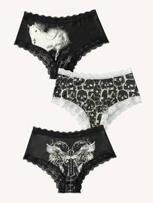 ROMWE Goth 3pcs/Set Dark Punk Style Women's Briefs With Wing, Cross, Skull Prints, Lace Patchwork, Fashionable & Comfortable - Black and White - View 2