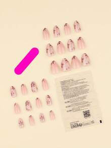 24pcs Red Leaf Cat Eye Style Short Fake Nails, Almond Shape Nail Stickers Set Includes 1 Sheet Of Stickers And 1 Nail File, Suitable For Daily Wear - Multicolor - View 2