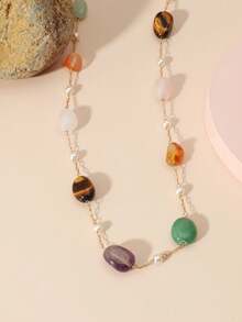 1 chiếc vòng cổ đá tự nhiên và ngọc trai cầu vồng có thể điều chỉnh, vòng cổ choker nhiều lớp kiểu Bohemian, đa năng cho đeo hàng ngày, đi biển, đi nghỉ mát. - Nhiều màu - Xem 4