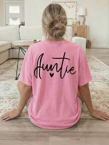 Women's T-Shirt With Double-Sided Front/Back Print - Short Sleeve, Round Neck, Casual Style, Suitable For Casual Wear, Machine Washable, With "Auntie" And Heart Print, Non-Blouse Style For Layering Or Wearing As A Top, 100% Cotton - 深粉紅色 - 查看 3