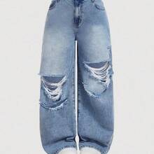 MOD Plus Size Women Casual Loose Fit Distressed Wide Leg Jeans, Blue Summer,Vacation,Easter,Spring,Western,Office,Rave,Cottagecore,Country,Old Money Style Women,Going Out,,Festival,Rodeo,Airport,,Tropical Vacation,Nashville,European Summer,Concert,Cowgirl,Graduation,Elegant,Resort Wear Women,Business Casual Woman,Western Wear Women,Y2k,Y2k,Old Money Style Women,Holiday,Church,Airport /Airport Baggy Jeans - Azul - Ver 2