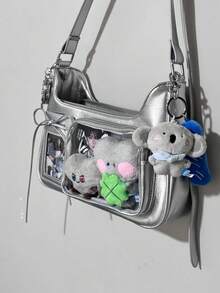 Japan's New Y2K Fashion Shopping Casual Simple Street Commuting Large-Capacity Girls' College Oil Wax Leather Transparent Badge Pain Bag Multi-Functional Shoulder Bag Cross-Body Bag, Can Put Grain, Can Hang Key Chains, Can Put Postcards, Can Participate In Comic Exhibitions, Can Participate In Parties, Can Give To Friends, Can Be One-Shoulder Back - Silver - View 4