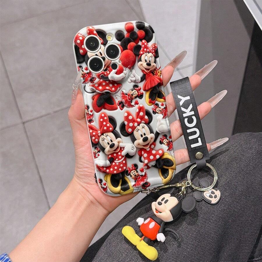 Disney Mickey Mouse Clubhouse Phone Case : 3D Fluffy Pattern Border Protector Phone Soft Phone Case With A Free Cute Mickey Bracelet Chain Lanyard, Mickey, Minnie, Goofy, Donald Duck, Daisy Duck, Pluto, For Apple 17 Promax 17 Pro 16 15 14 13 12 11 Pro Max XS Max X XR Soft Cover Summer Phone Case - 白色 - 查看 1