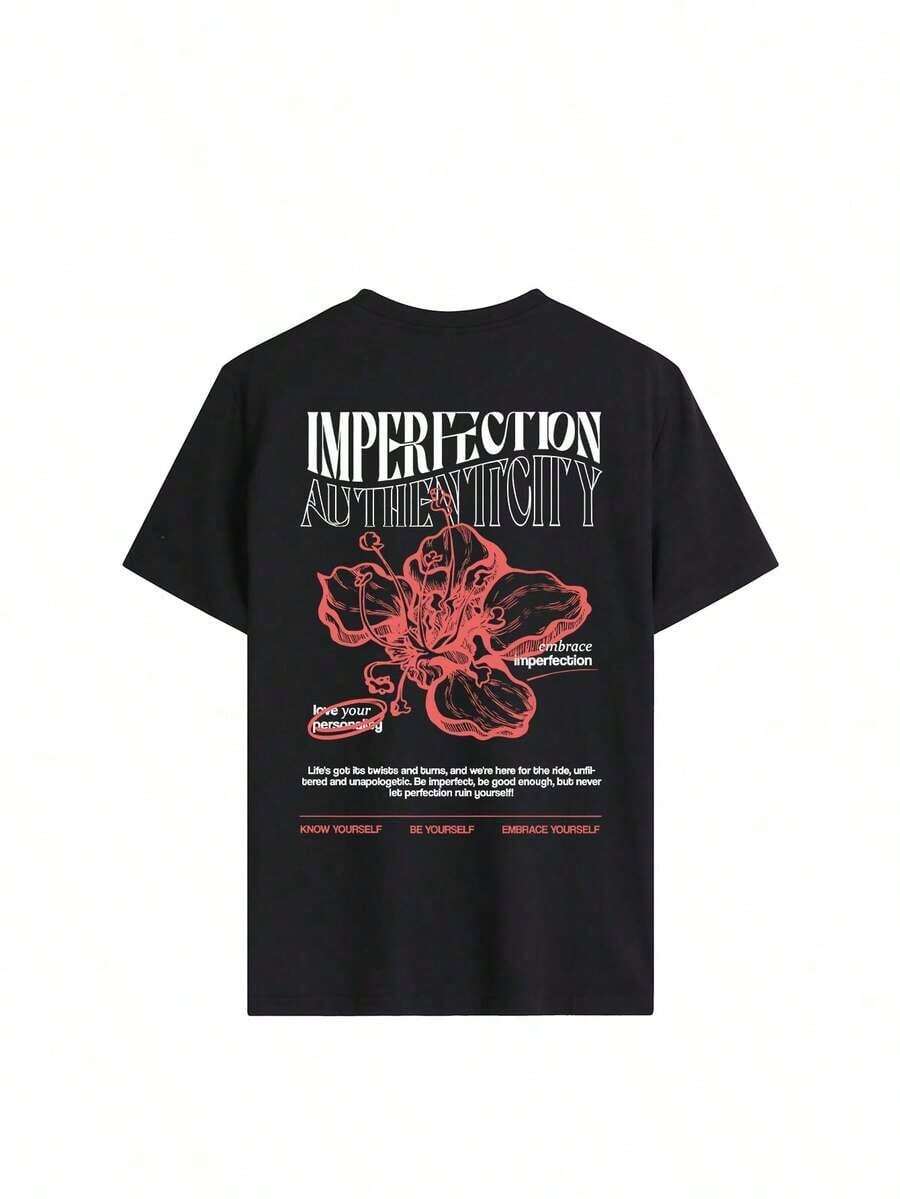 Camiseta de mujer con estilo retro americano, con estampado de flor de hibisco y el eslogan "Imperfect".Tiene un corte holgado y entallado, combinando un toque artístico con una sensación de comodidad.El diseño de manga corta la hace adecuada para la escuela, paseos por la ciudad y salidas casuales de primavera.Disponible en blanco para el verano. - Negro - Ver 1