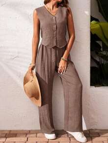 Frenchy Set de 2 piezas para mujer de top sin mangas y pantalones de estilo casual con un solo botón, para verano - Café integral 2 - Ver 4