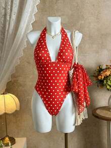 Traje de baño de dos piezas de mujer con lunares sexy, diseño retorcido y asimétrico con espalda descubierta de gasa, traje de baño de una pieza para vacaciones en la playa en verano - Rojo - Ver 4