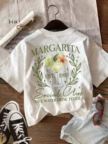 [Double-Sided Printing] Women's Casual Summer Tops With Retro Wine Glass, Flower And Margarita Print, Round Neck, Pure Cotton, Short-Sleeved T-Shirt [Ling], Summer T-Shirt - White - View 2
