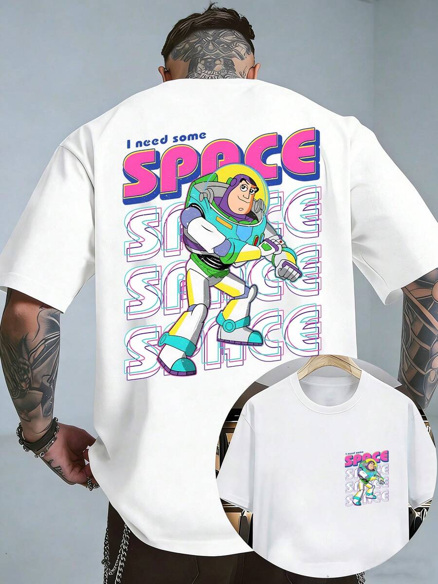 Men's Disney Buzz Lightyear Tee, Retro Neon Print, Casual Fit, Space Style. - 白色 - 查看 1
