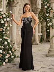 VIPGIRL Black Beaded Strapless Formal Evening Gown For Women, Elegant Sleeveless Maxi Dress With Open Back Design And Ruffle Hem, Suitable For Balls And Evening Events Wedding Party - Black - View 4