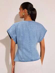 Denim Blusa de mezclilla de manga de murciélago con un solo botón de moda para mujer, de verano - Celeste - Ver 2