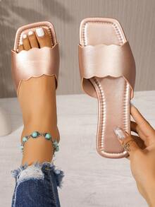 New Women's Fashion Summer Sandals, Slip-On Slippers, Party/Birthday Gift, Solid Color Square Toe Outdoor Casual Shoes, Minimalist Elegant Flat Beach Slides, Easy To Match, Comfortable For All-Day Wear Indoor And Outdoor - Rose Gold - View 7