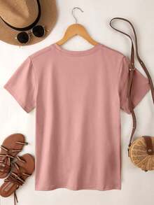 Women's Casual Short Sleeve Crew Neck T-Shirt With Graphic Print Of Closed Eyes And Minimalist Line Art For New Year's Clothing - 老玫瑰 - 查看 2