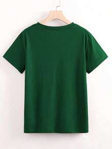 Plus Size Women's Short-Sleeved Blouse With Round Neck And Leopard And Cherry Print - 墨綠色 - 查看 2