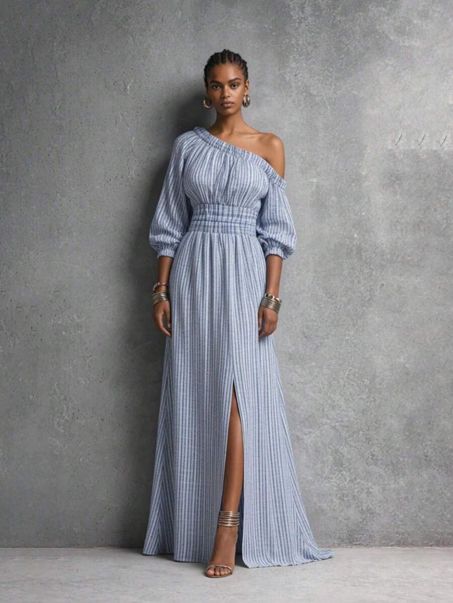 Vestido a rayas Primavera-Verano 2026 con cintura ajustable - Azul - Ver 1