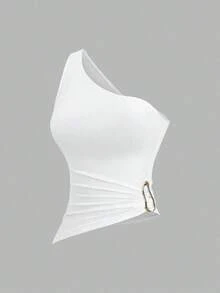 Conjunto de blusa con cuello asimétrico, un solo hombro y decoración de hebilla metálica, adecuado para vacaciones en la playa - Multicolor 2 - Ver 4