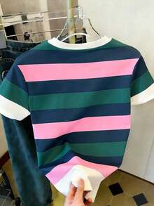 Camiseta de mujer de cuello redondo de manga corta con bloques de color y rayas - Multicolor 6 - Ver 2