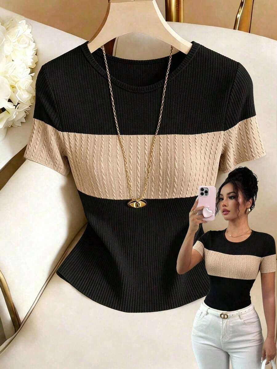 Camiseta de manga corta de tela texturizada para uso diario y casual de mujer, verano - Multicolor 4 - Ver 1