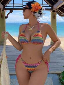 Conjunto de bikini de 2 piezas de punto texturizado con parte superior de cuello halter y nudo delantero, en colores contrastantes - Rosa - Ver 6