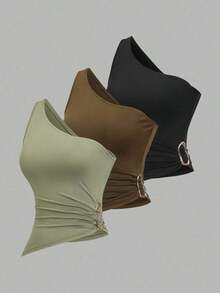 Conjunto de blusa con cuello asimétrico, un solo hombro y decoración de hebilla metálica, adecuado para vacaciones en la playa - Multicolor 6 - Ver 9