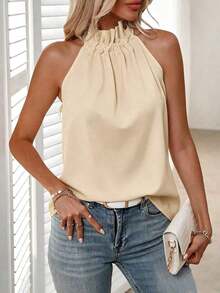 Blusa plisada de unicolor, versátil y casual para uso diario - Albaricoque 2 - Ver 1