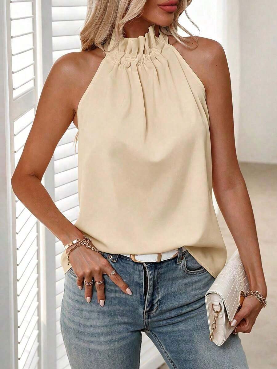 Blusa plisada de unicolor, versátil y casual para uso diario - Albaricoque 2 - Ver 1
