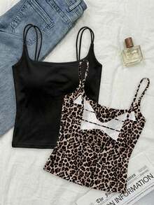 Paquete de 2 tops de camiseta acanalada con sujetador acolchado incorporado - Rosa y Negro/Lunares blancos, tops versátiles casuales para verano y uso en todas las estaciones, estilos suaves y limpios para chica, perfectos para el hogar, la escuela - Negro 3 - Ver 7