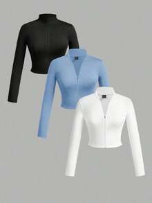 Set de 3 camisetas de manga larga con cuello en V, cremallera y ajuste ceñido, de estilo casual para otoño/invierno para mujer, en colores blanco + negro + gris - Celeste - Ver 10