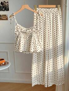 Conjunto de 2 piezas de top tipo camisola con hombros retorcidos y estampado de lunares, y pantalones de pierna ancha, para mujer, estilo casual de verano, retro y de playa - Amarillo claro - Ver 2