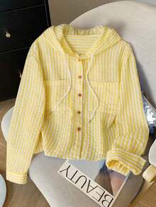 Camisa con capucha holgada con cordón de rayas azules y blancas para mujer, nueva para primavera/otoño - Amarillo - Ver 1