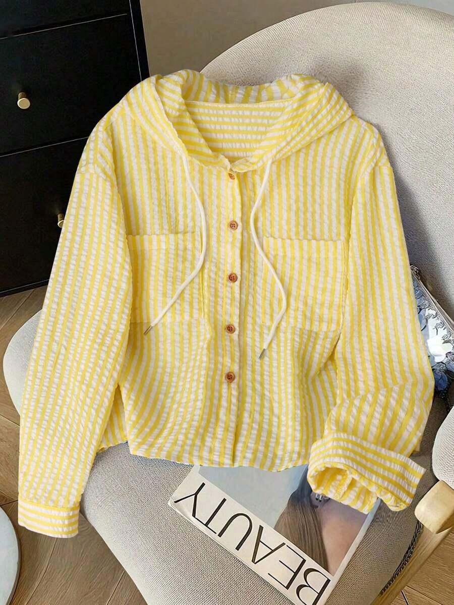 Camisa con capucha holgada con cordón de rayas azules y blancas para mujer, nueva para primavera/otoño - Amarillo - Ver 1