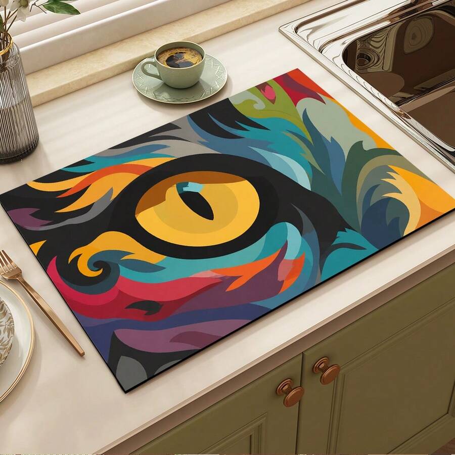 1pc Abstract Eye Print Absorbent Mat/Drying Mat For Coffee Maker, Dishes - Polyester Absorbent Desktop Protective Mat With Rubber Anti-Slip Pad, For Kitchen Counter Decor, Home Bar And Dining Table - Multicolor - View 1