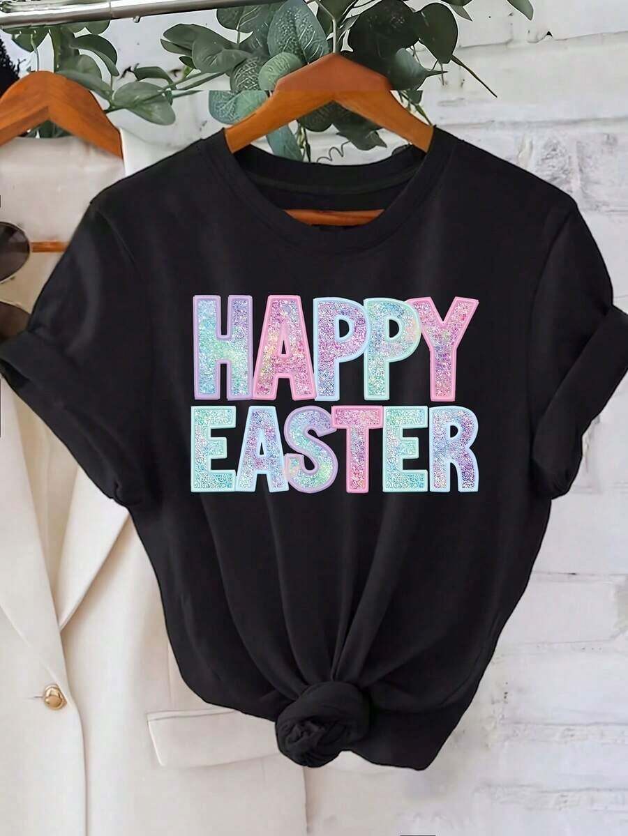 Camiseta con estampado de letras, manga corta y cuello redondo, top casual para verano y primavera, ropa de mujer - Negro - Ver 1