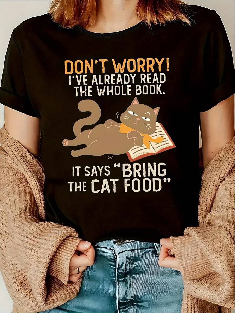 Camiseta de Mujer de Corte Regular con Estampado - Diseño Divertido de Gato y Libro, Manga Corta, Cuello Redondo, Estilo Casual, para Verano y Primavera, Ilustraciones en Negro, Naranja y Blanco, Tejido de Poliéster Ligero, Perfecta para Uso Casual, Camiseta de Gato para un Atuendo Diario Informal de Verano - Negro - Ver 1