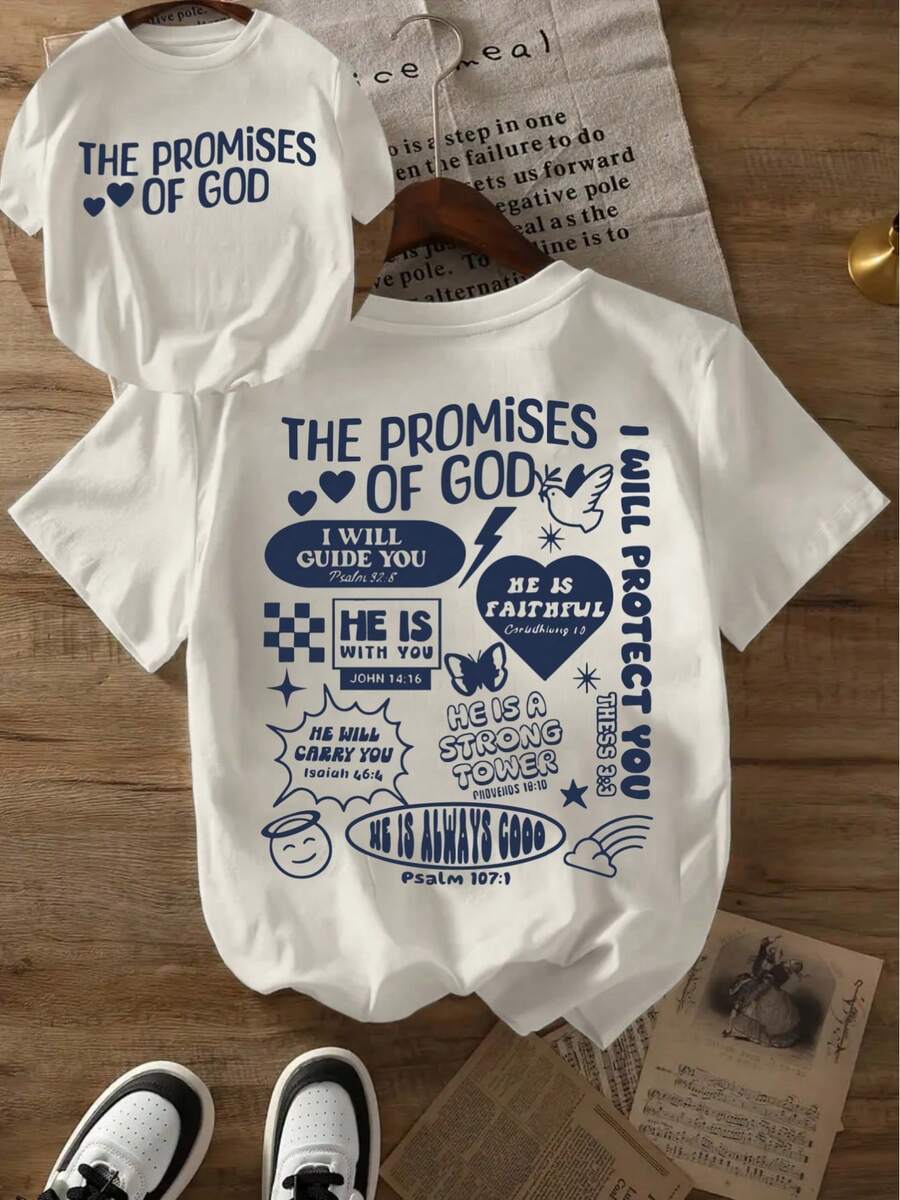 Women's Double-Sided Print T-Shirt - "God's Promises" Graphic Design With Heart And Cross, Casual Crew Neck, Short Sleeve, Comfortable Fit For All Seasons, Machine Washable, Christian Clothing, Comfortable Garment For Everyday Wear, Relaxed Fit Top, Durable Fabric T-Shirt, Y2k T-Shirt - 白色 - 查看 1