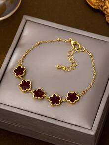 1pc Burgundy Five-Petal Flower Bracelet, Minimalist Elegant Design, Versatile For Daily Wear And Formal Occasions - Chain Bracelet - View 5