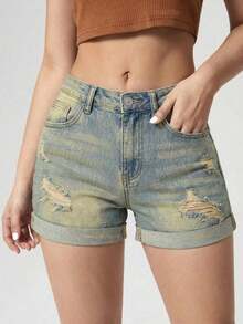 Pantalones Cortos De Mezclilla Con Borde Deshilachado - Azul - Ver 4