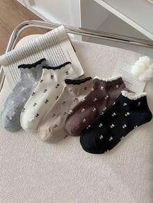 5 pares de calcetines cortos para mujer, calcetines con ribete de encaje, calcetines tobilleros de corte bajo con estampado floral, calcetines tipo barco con diseño de margaritas lindos, calcetines cortos femeninos - Multicolor - Ver 13