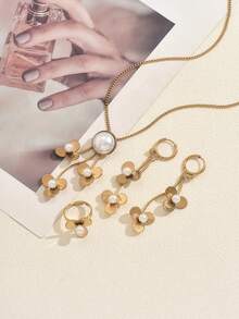 1 Set Luxury Stainless Steel Floral & Faux Pearl Necklace, Earrings, Ring Jewelry Set, Suitable For Women's Banquet, Wedding, Anniversary Wear - Gold - View 3