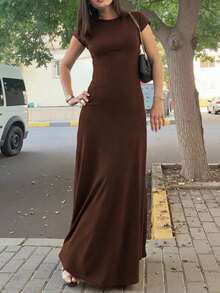 Vestido ajustado de cintura sólido para vacaciones y viajes casuales de verano para mujer - Café integral - Ver 2
