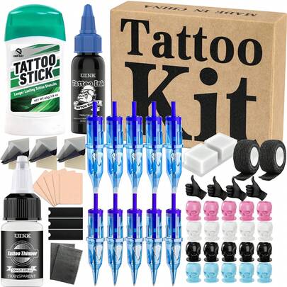 Professional Tattoo Practice Kit (Suitable For Beginners), Includes 54 Pieces Of Simulated Training Supplies, Such As 5 Pieces Of Simulated Skin, 3 Pieces Of Transfer Paper, 3 Sets Of Machine Needles, 2 Rolls Of Grip Tape, 2 Desk Mats, And 20 Skull Ink Caps, Meeting The Needs Of Tattoo Practice