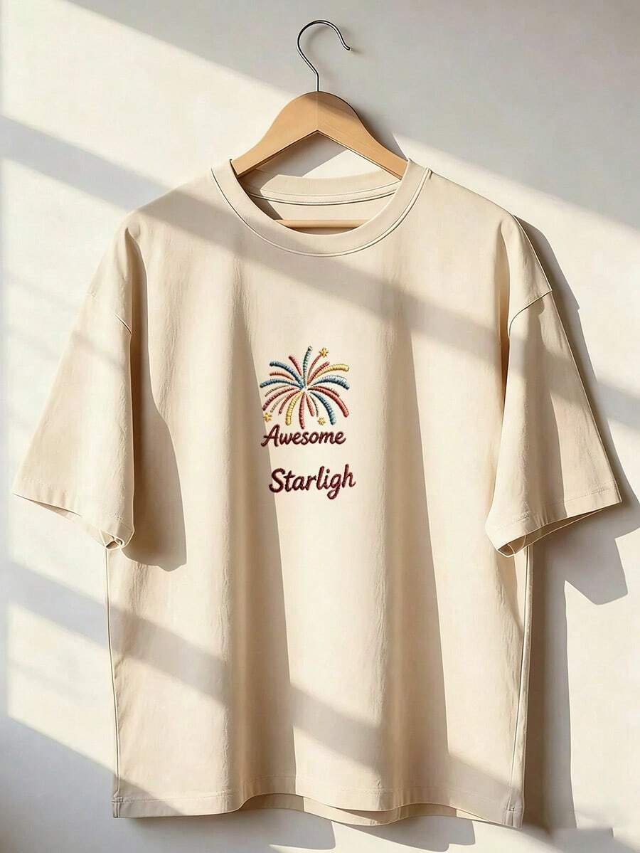 "Awesome Starlight" Fireworks Embroidery T-Shirt, Fashionable Short-Sleeved T-Shirt For Spring/Summer 2026, Made In Mexico, 180 Grams. Cartoon Print, Couple Design, Suitable For Indoor Or Outdoor Wear. Crew Neck, Unisex, Ideal For Office And Leisure. One-Pack. - APR-P631577SLNDXZGY448 - 查看 1