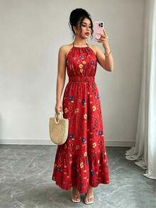 Vestido casual para mujer con camiseta estampada y cintura elástica - Rojo - Ver 4
