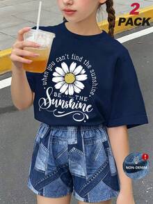 2件/組 女孩雛菊印花T恤 + 牛仔效果短褲套裝，柔軟面料，夏季休閒套裝 - 藏蓝色 - 查看 2