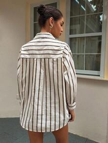 Camisa casual y holgada con rayas de efecto de dos piezas para mujer - Caqui - Ver 8