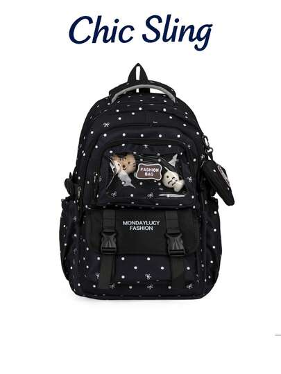 SHILAN Water-Repellent Polka Dot Oxford Cloth School Bag With Pendant And Side Pocket, Multi-Purpose Bag For School, Tutoring And Daily Commute