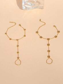Women's Metal Bead Decorated Stainless Steel Finger Ring Chain, Fashion Casual Minimalist Design, Suitable For Daily Wear - Gold - View 4